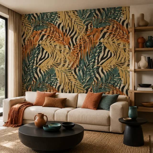 Tropical palm wallpaper installed in a warm living room