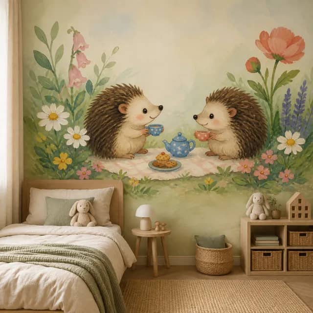 جدارية القنافذ مركبة على حائط غرفة نوم أطفال هادئة