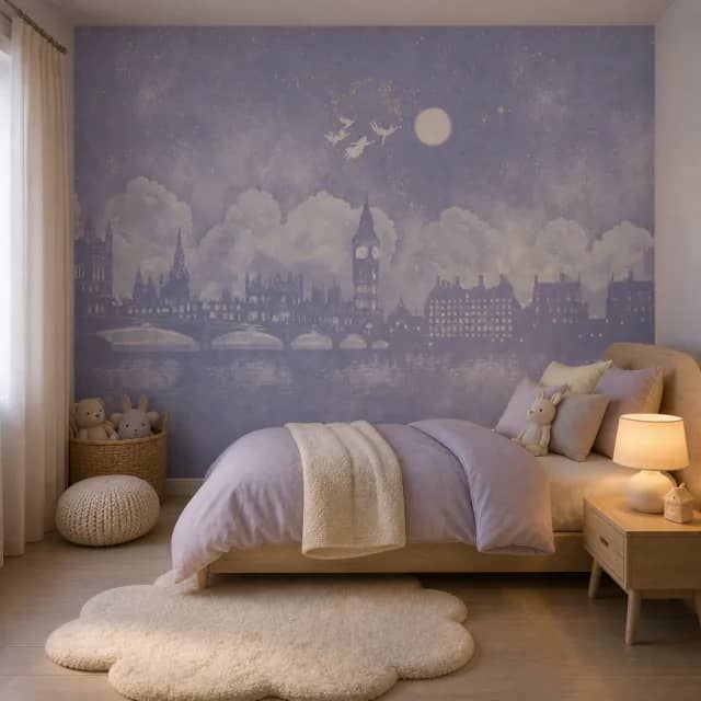 Dreamy lavender London mural in a child's bedroom