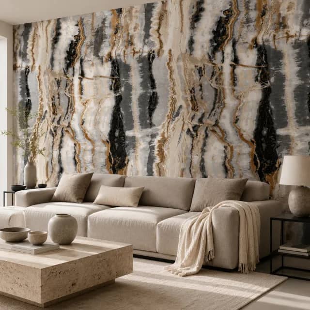Abstract marble wallpaper installed behind a neutral sofa in a modern living room