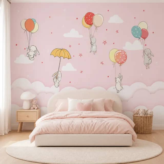 Calm girls bedroom with pink bunny and balloon wallpaper behind the bed