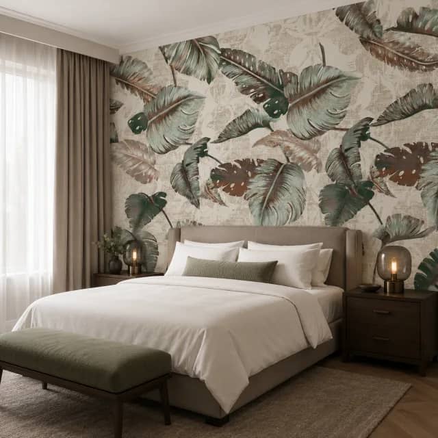 Tropical leaf wallpaper behind a bed in a calm bedroom