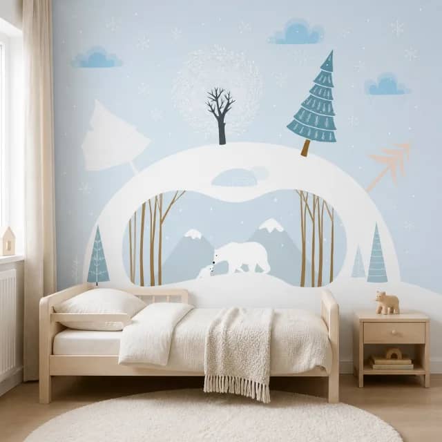 Polar bear mural in a light wood toddler bedroom