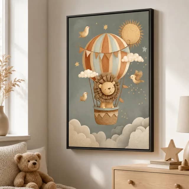 Kids lion artwork in a black frame beside an elegant wood dresser