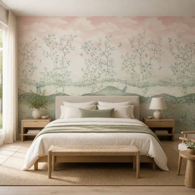 Serene bedroom with a blush and sage birds-and-trees mural wall