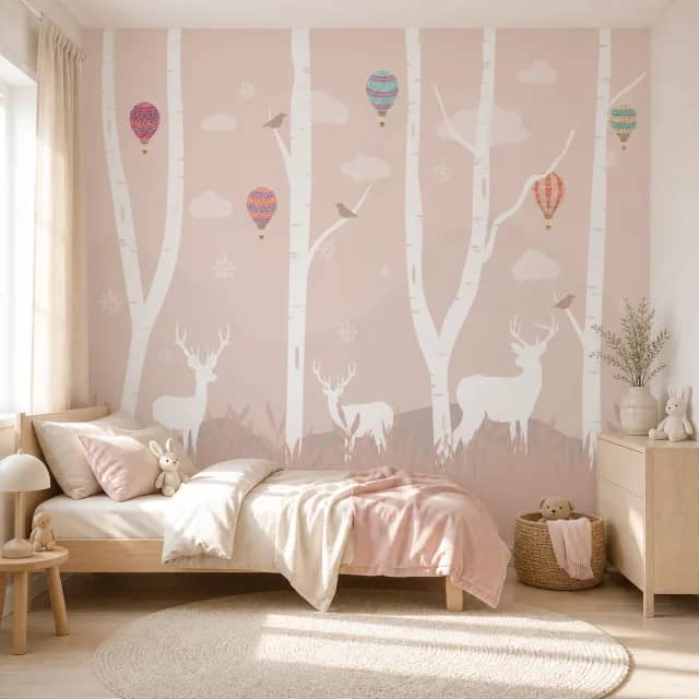 Birch forest wallpaper behind a light wood kids bed