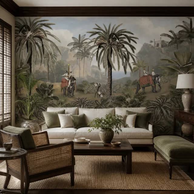 Elephant and palm mural in a classic living room