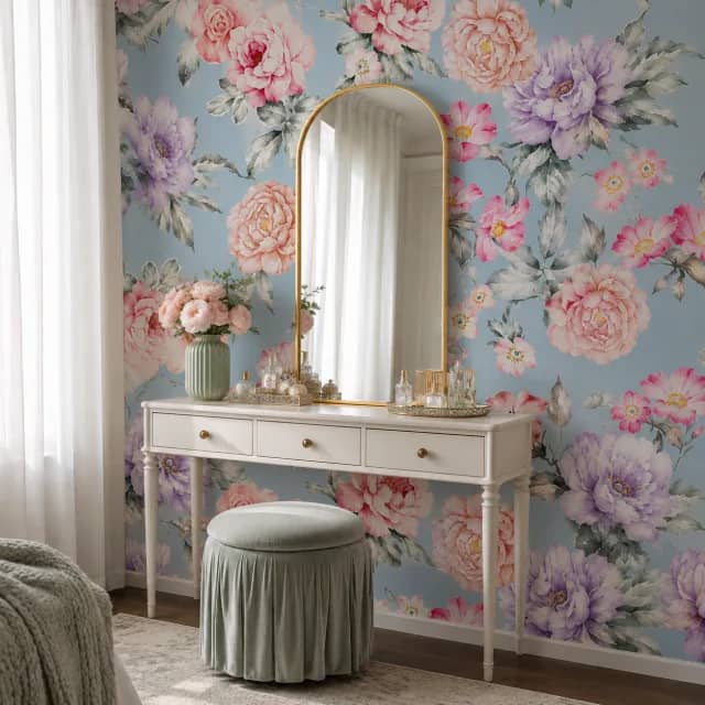 Watercolor floral wallpaper behind a vanity with arched mirror