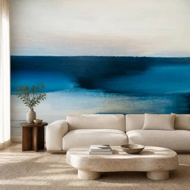 Deep blue abstract horizon mural in a modern living room