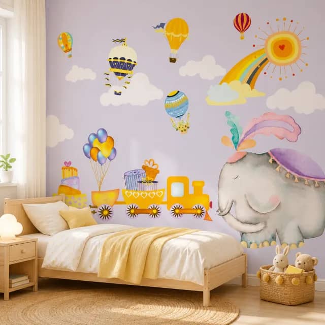 Elephant balloon wallpaper behind a pale wood kids bed in a sunny bedroom