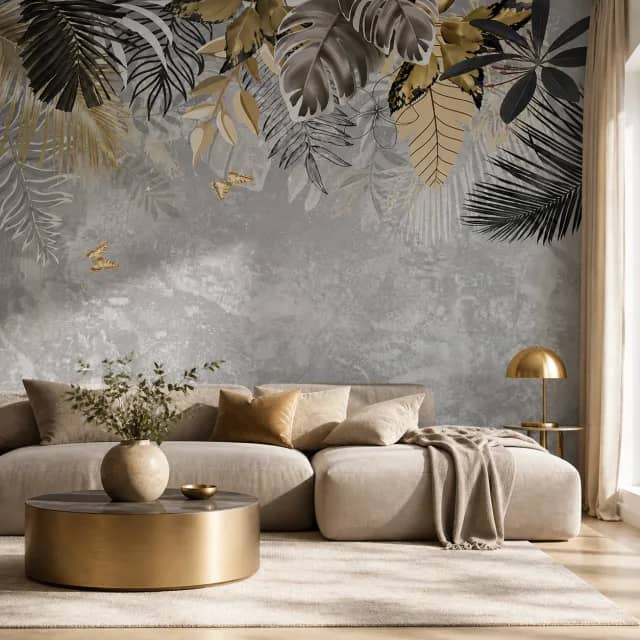 Golden Tropical Whisper wallpaper on a calm living room feature wall