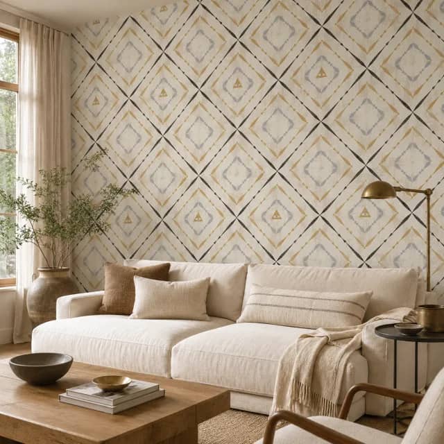 Geometric diamond wallpaper installed behind a light sofa in a warm living room