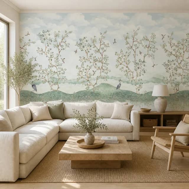 Bright living room with a watercolor trees and birds mural