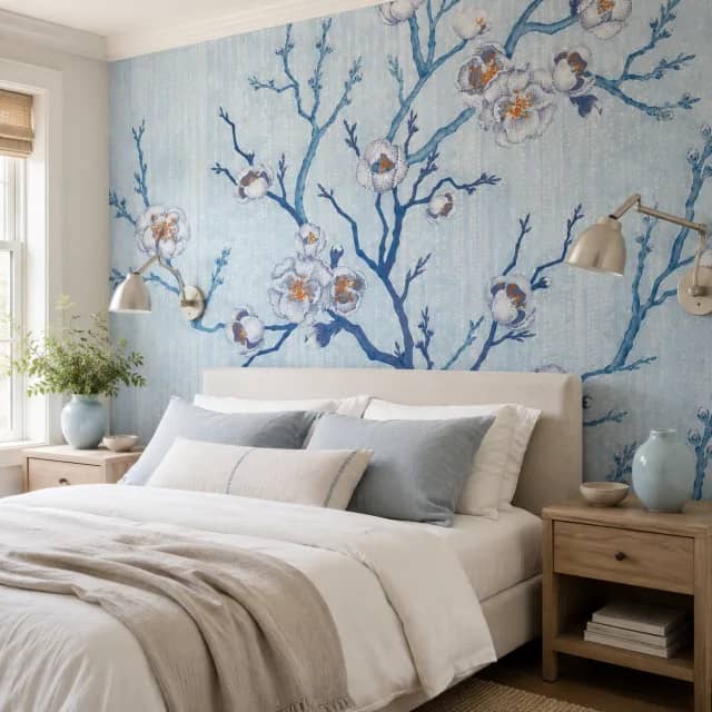 Blue blossom branches wallpaper sample with white and blue botanical detail