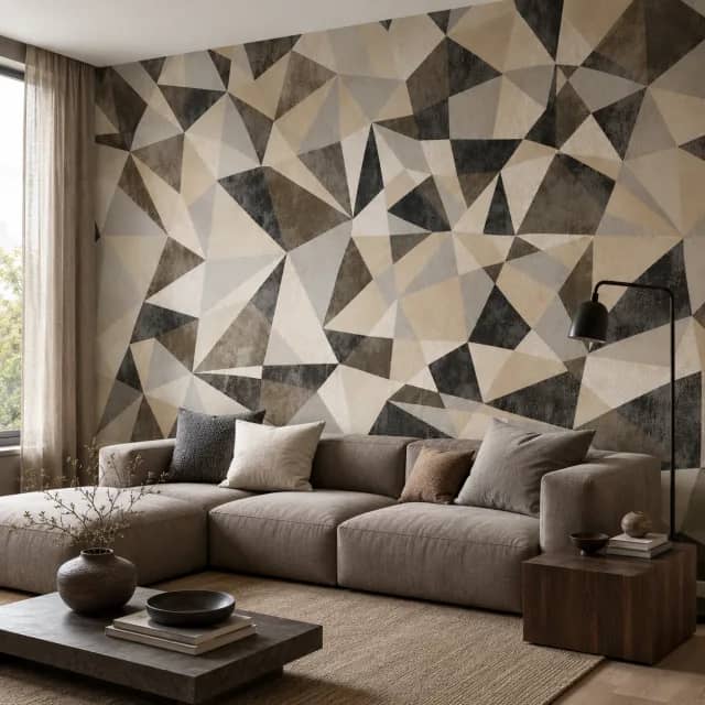 Geometric wallpaper mural behind a gray sofa in a modern living room