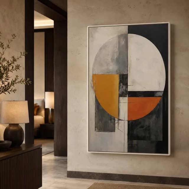Warm Grey Orbit in a white floater frame on a boutique hotel wall