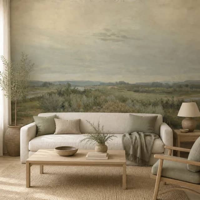 Countryside mural on a natural living room wall
