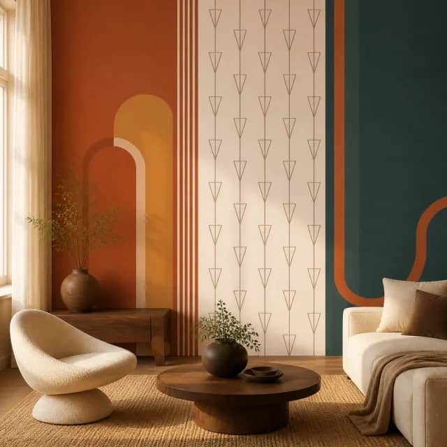 Art Deco Arches mural in a warm contemporary living room