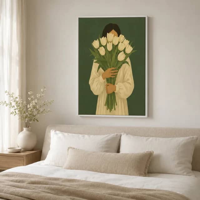 Whisper of White Tulips in a white frame above a calm cream bedroom