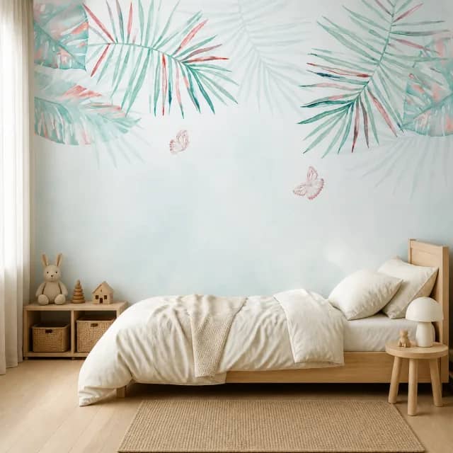 Watercolor Tropical Breeze mural in a serene children's bedroom