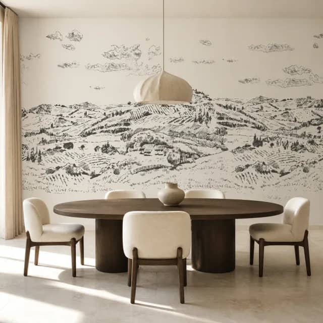 Ink countryside mural installed edge-to-edge in a refined modern dining room