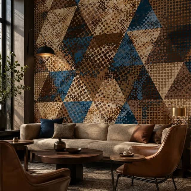 Distressed geometric triangle wallpaper in a boutique lounge with leather chairs