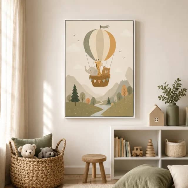 Little Balloon Journey in a white frame in a calm kids reading corner with a shelf and woven basket