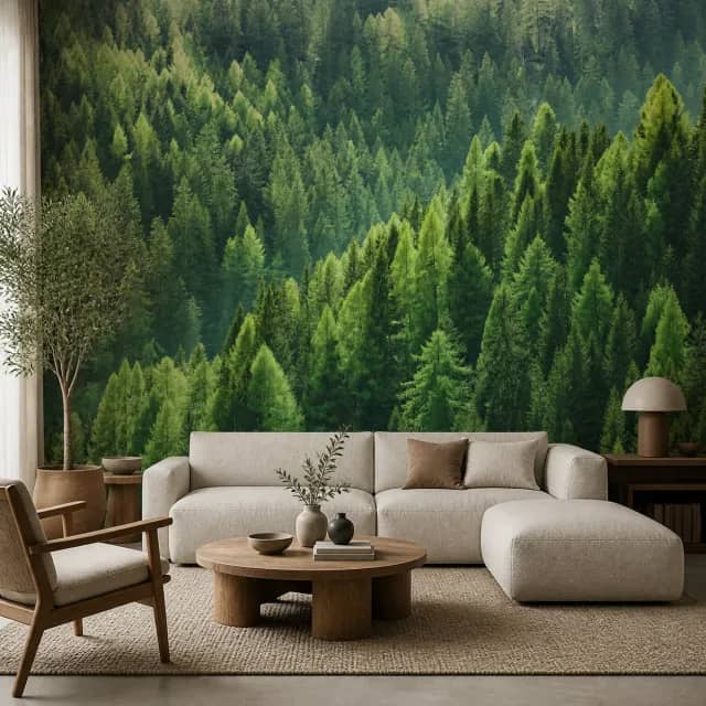 Emerald forest wallpaper mural in a contemporary living room