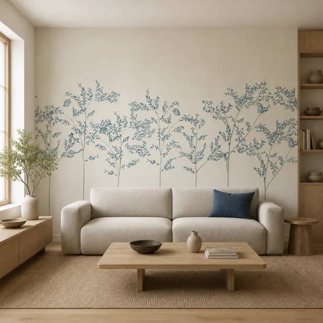Blue branch mural behind an ivory sofa in a Japandi living room
