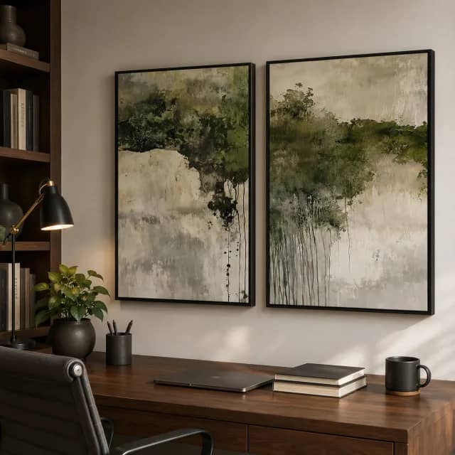 Olive abstract diptych in white frames above a bed in an elegant bedroom