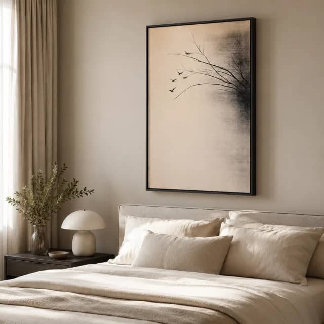 Quiet Passage artwork in a black frame above a console in a neutral living room