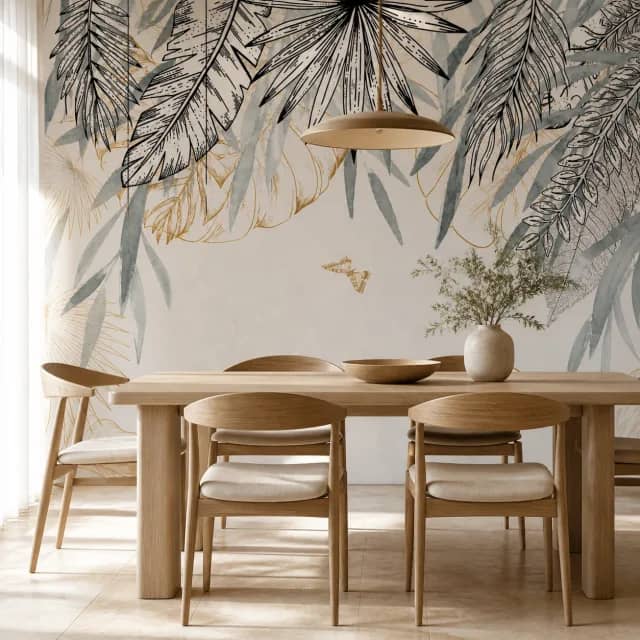 Tropical Whispers wallpaper in a calm timber dining room