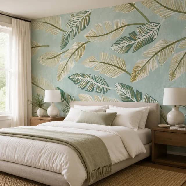 Tropical leaves mural behind a bed in a calm bedroom