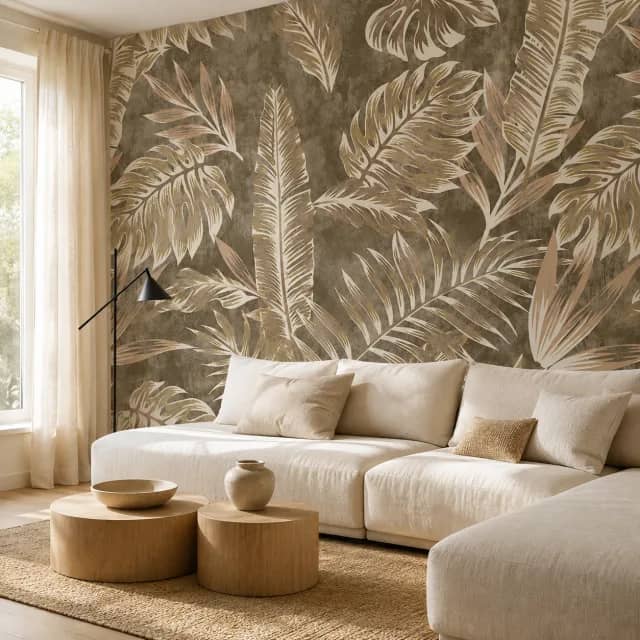 Taupe tropical leaves wallpaper in a calm living room