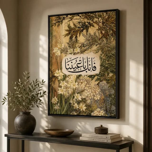 لوحة فإنك بأعيننا بإطار أسود في مدخل أنيق مع أغصان زيتون وزهور كريمية.