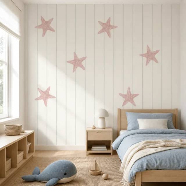 Starfish mural in a coastal kids bedroom