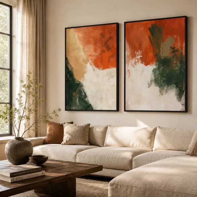 Green Rust Echo in white frames above a bed in a calm adult bedroom