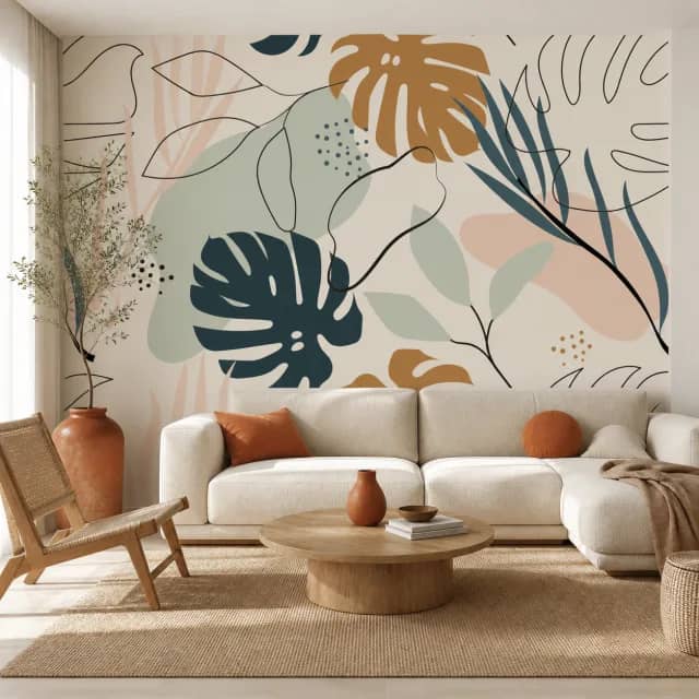 Abstract tropical mural in a contemporary living room
