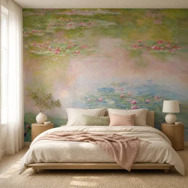 Water lily mural installed in a serene contemporary bedroom