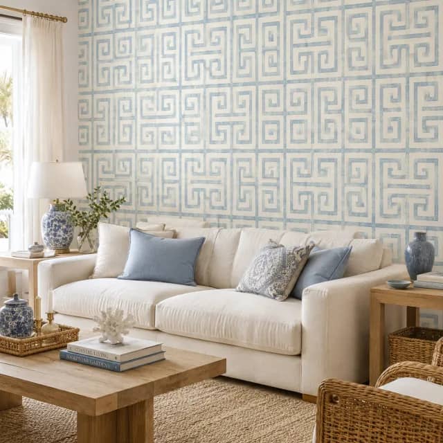 Pale blue Greek key wallpaper installed in a coastal living room