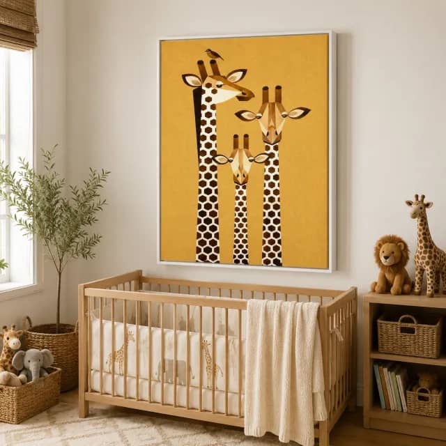 رسم زرافات هندسي بإطار أبيض فوق سرير أطفال خشبي في غرفة مشرقة.