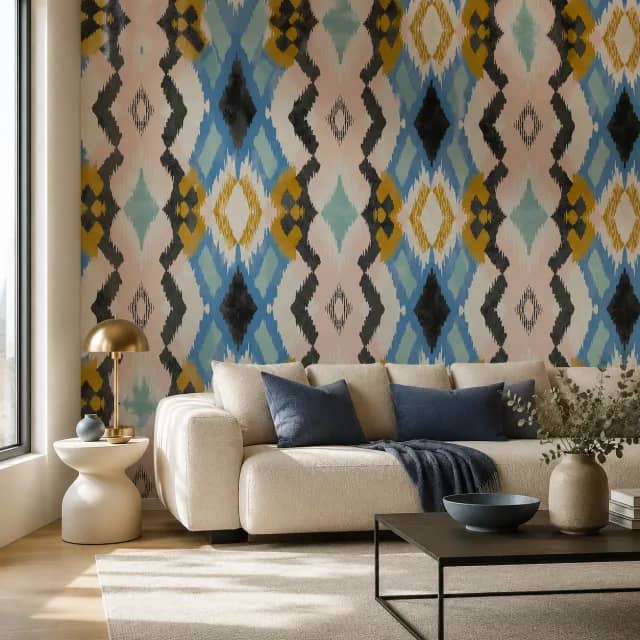 Geometric ikat wallpaper behind a cream sofa in a living room