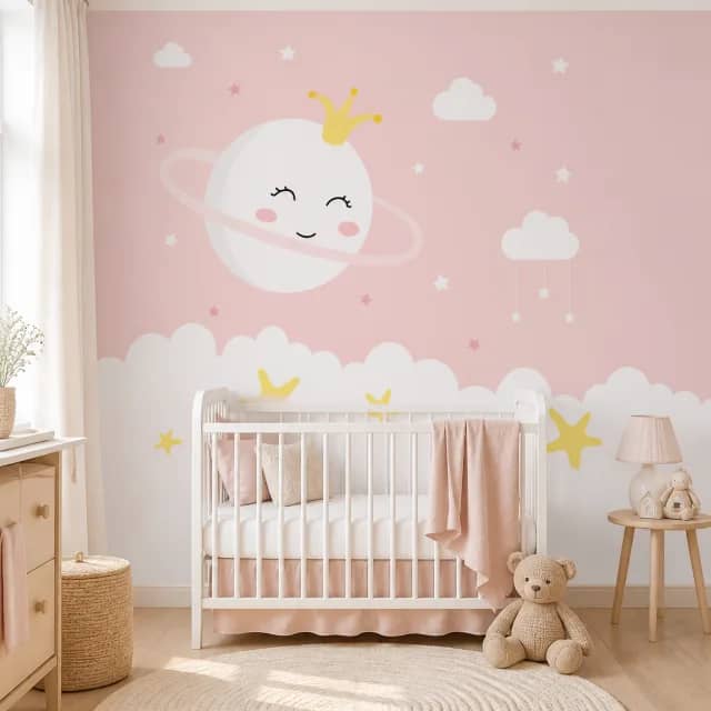 Princess Planet wallpaper in a pink nursery with a white crib