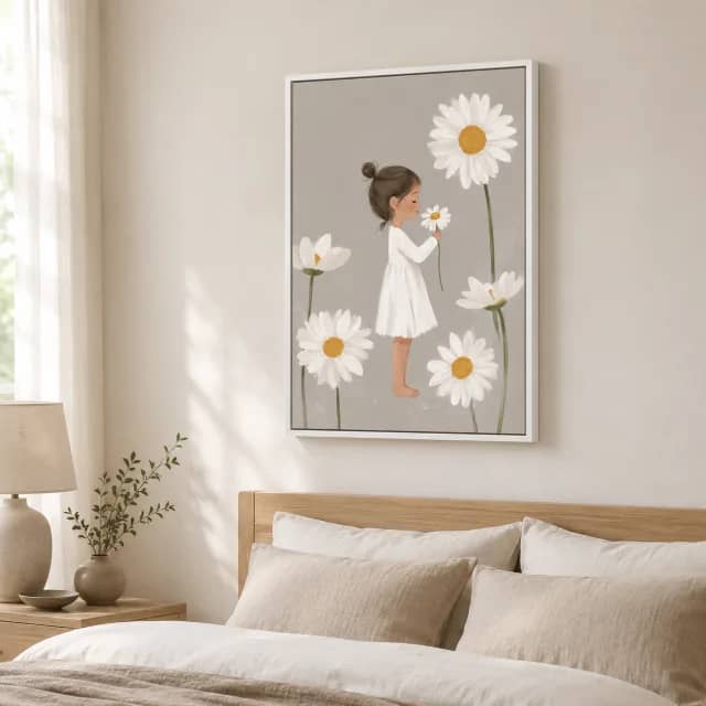 Daisy Whisper artwork in a white frame above a wooden bed in a calm bedroom