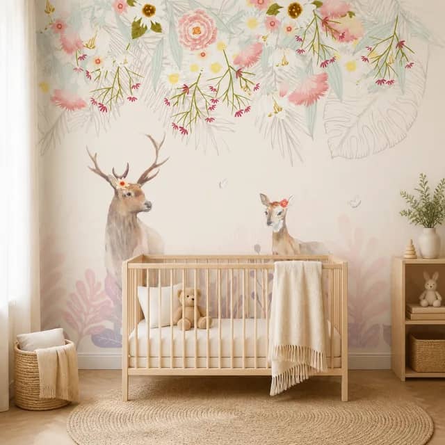 Woodland deer wallpaper in a calm nursery