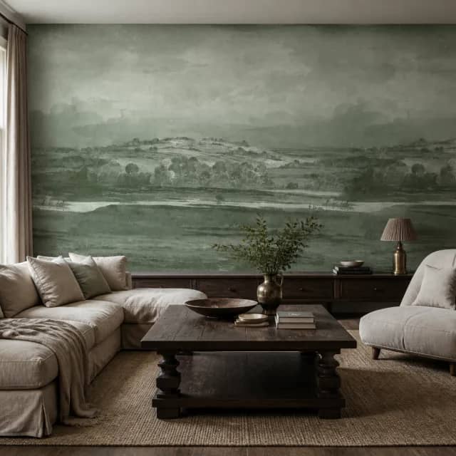 Sage countryside mural in a refined English-country living room