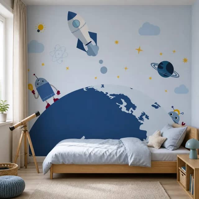 Space wallpaper in a kids bedroom with wood furniture and telescope