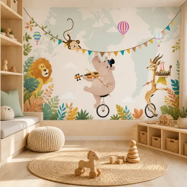 Animal orchestra mural in a sunlit playroom
