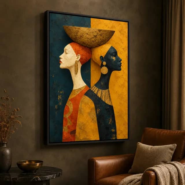 Guardians of Gold artwork in a black frame in a moody corner with a leather chair
