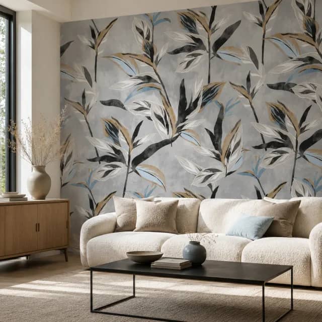 Gray botanical leaf wallpaper installed in a modern living room